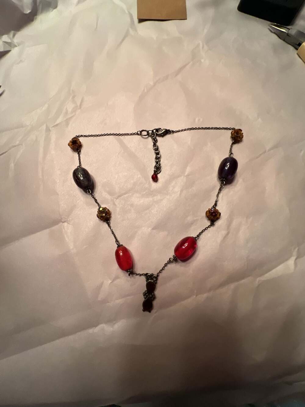 May be Lia Sophia Beaded Necklace Burgundy Gray Tones Statement Pendant see pics